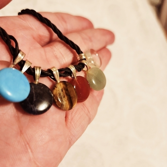 Seven Natural Stone Pendant Necklace on Black Rope Lobster Claw Clasp Quarts EUC - Picture 7 of 10